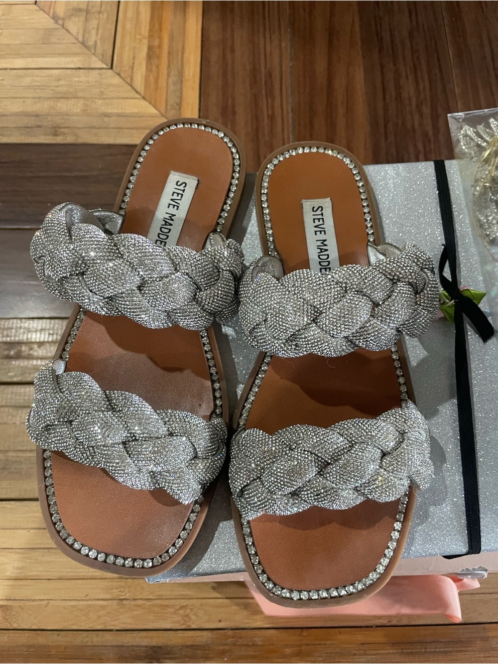Steve Madden Silver Braided Crystal Slide Sandals